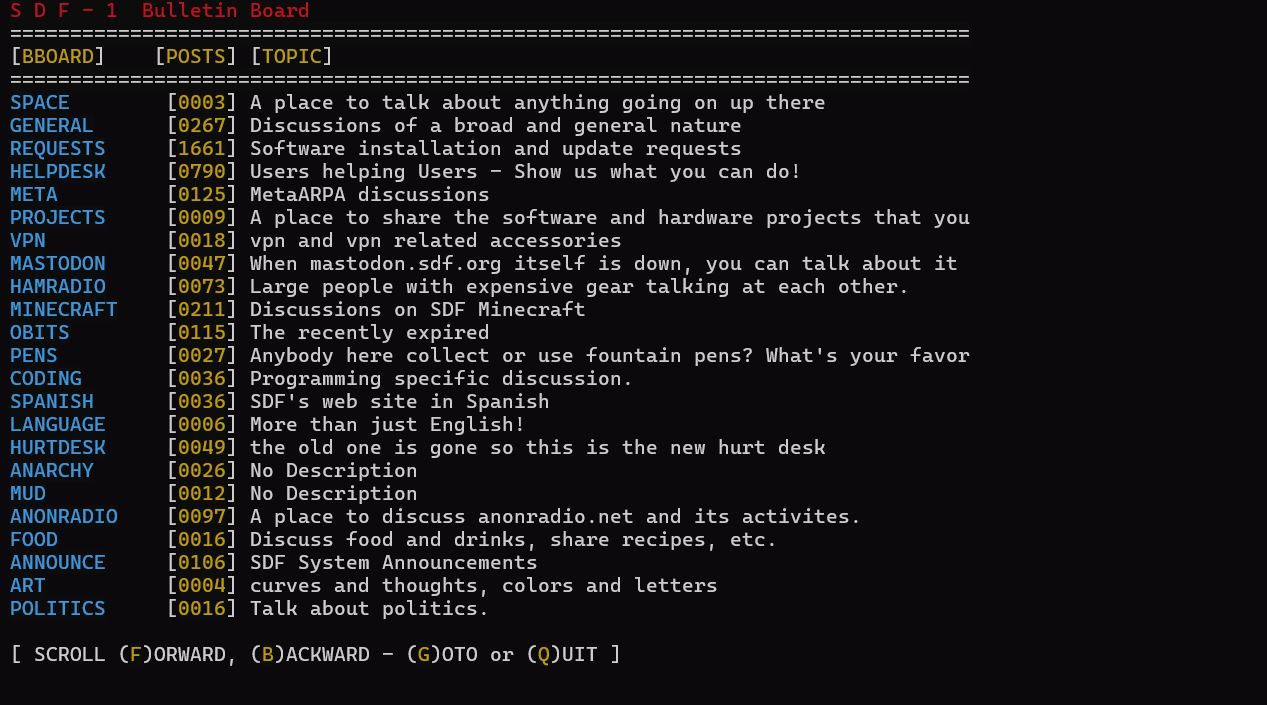 SDF bboard bulletin board system in a Unix shell account.