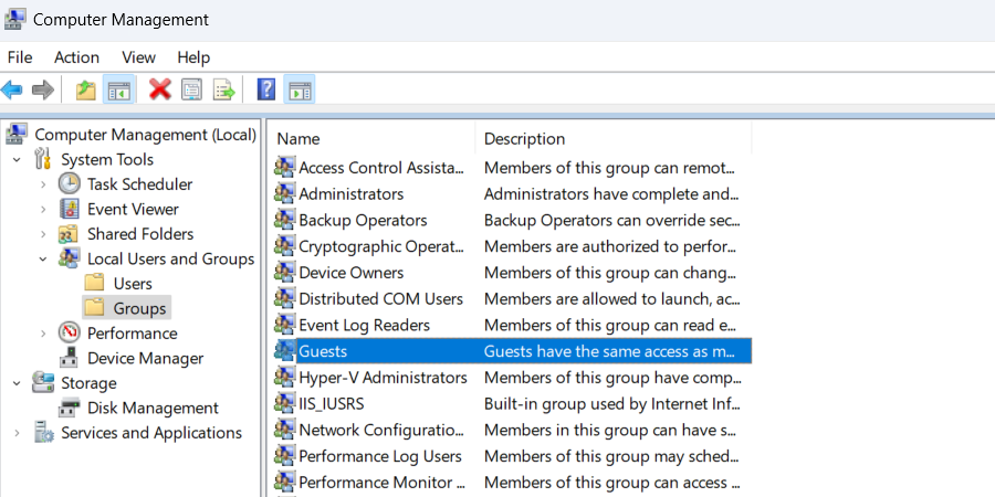 The Guest group in the Computer Management console on Windows 11.