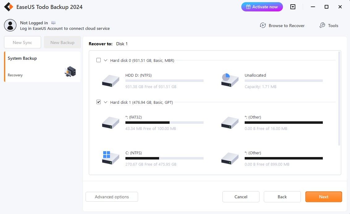 Selecting Restore location in the EaseUS Todo Tool.