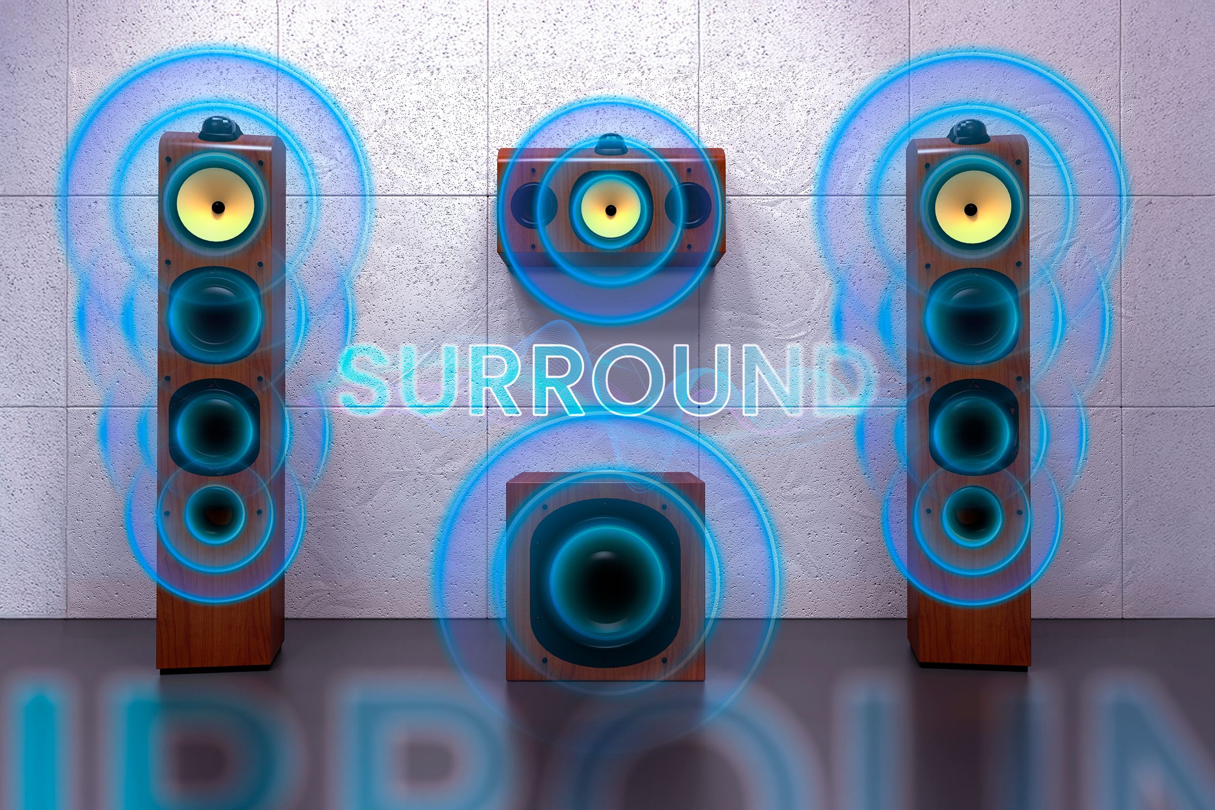 Some speakers seen from the front with 'surround' written in the center.