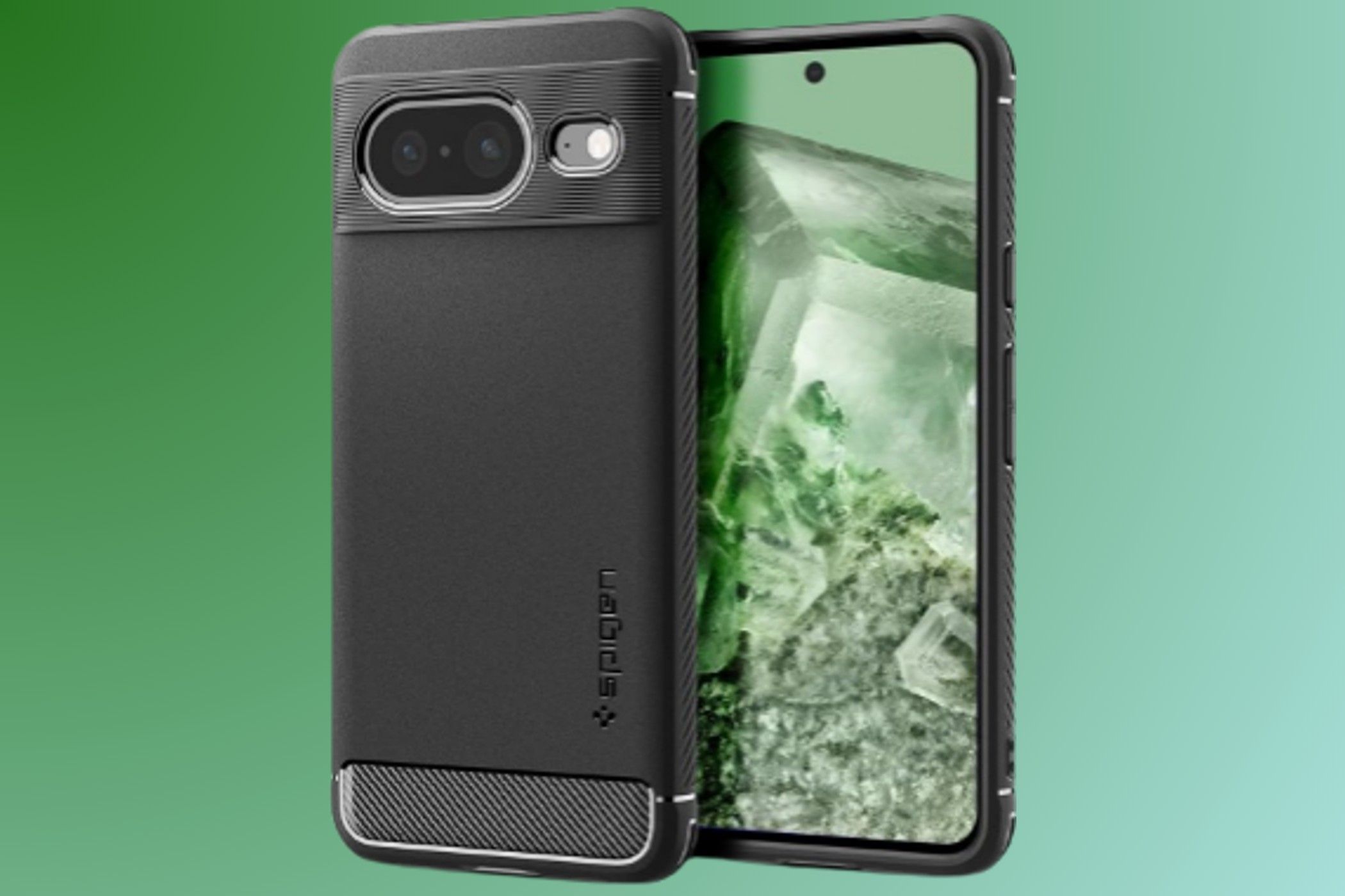 Spigen Rugged Armor Pixel 8 Case on gradient background