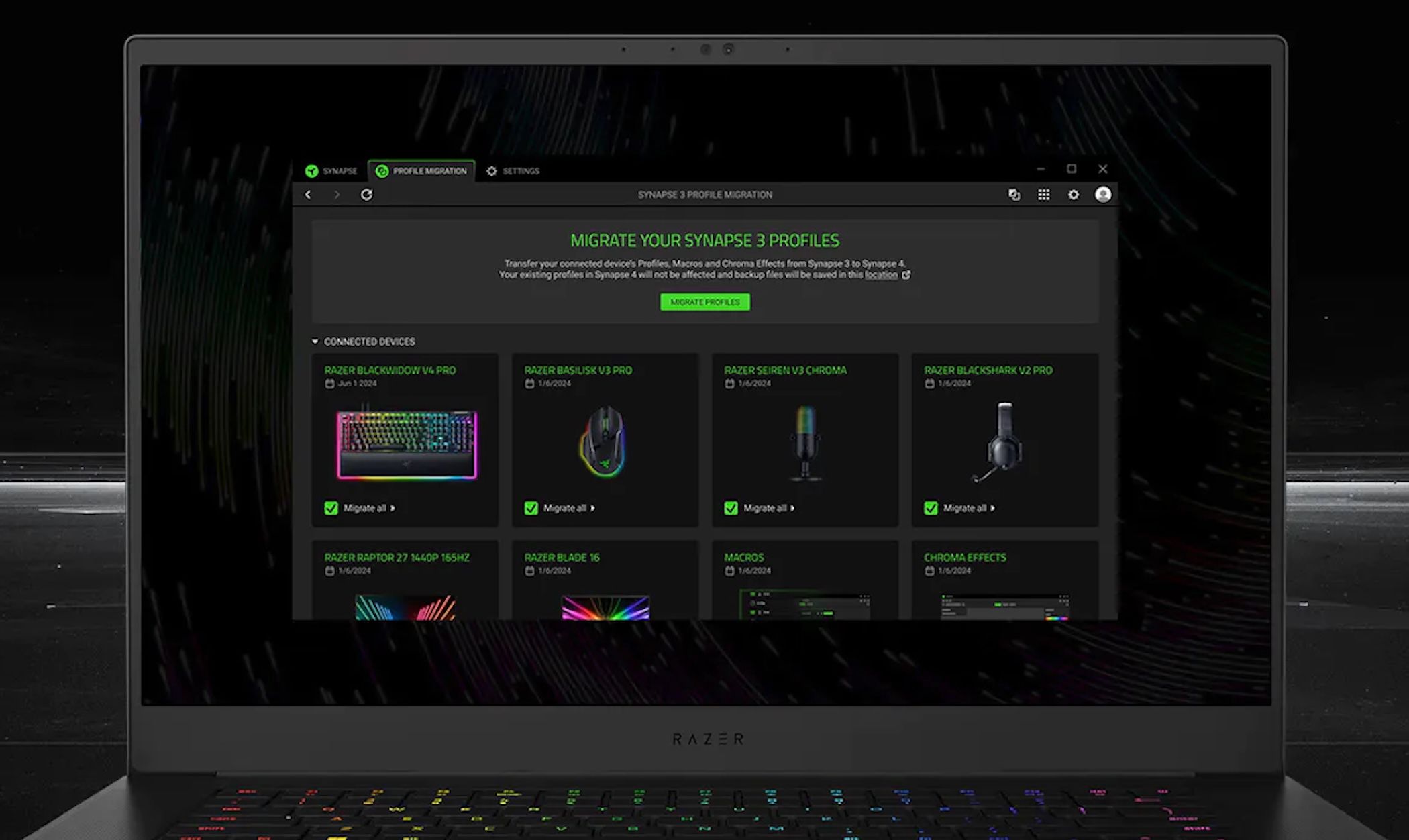 Razer Synapse home screen with a keyboard, a mouse, and microphones.