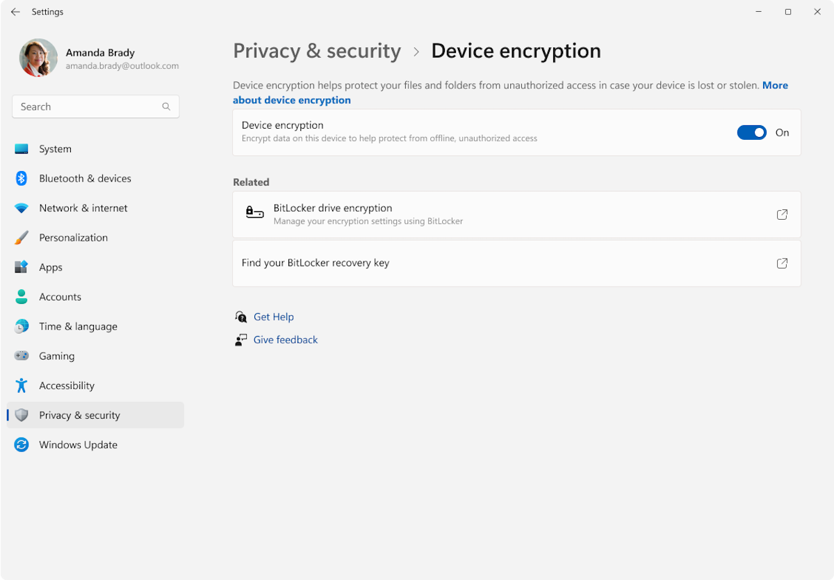 The Windows 11 Settings screen for enabling Device Encryption