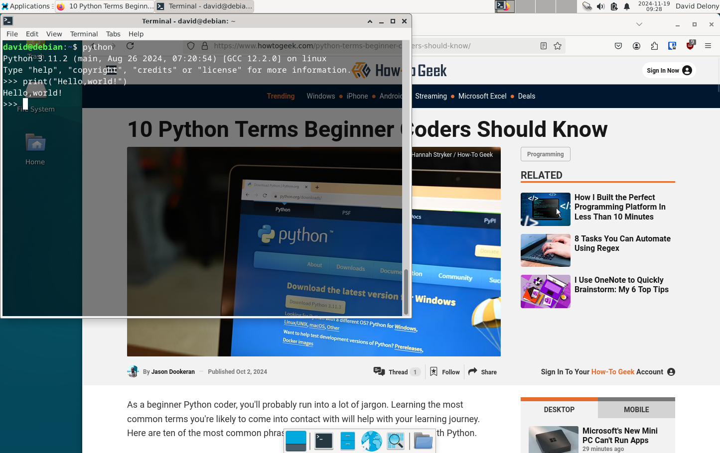 Xfce transparent terminal on top of Firefox browser.