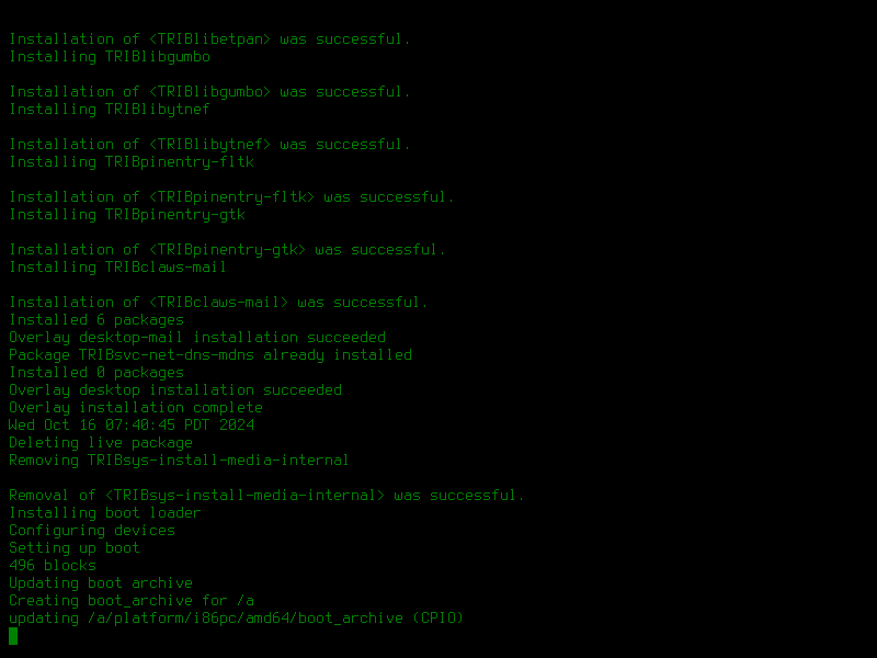 Tribblix installation script being run in the system console.