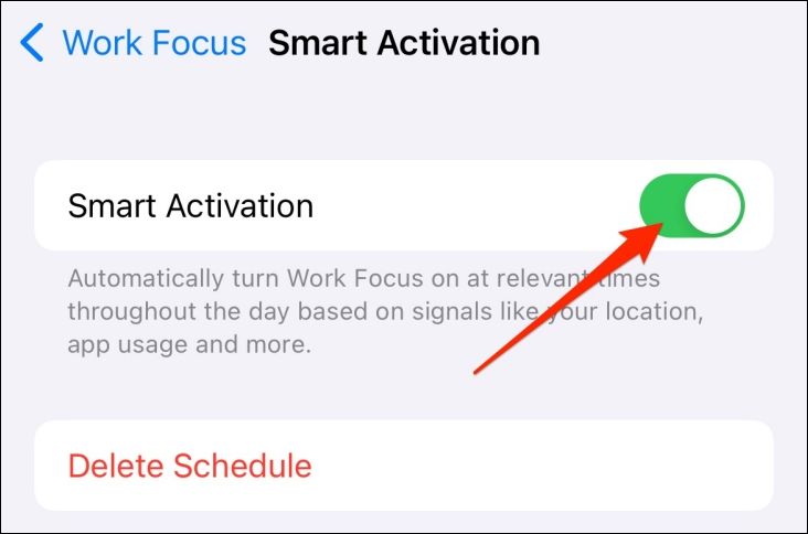 Toggle to disable Smart Activation for iPhone Focus Modes.