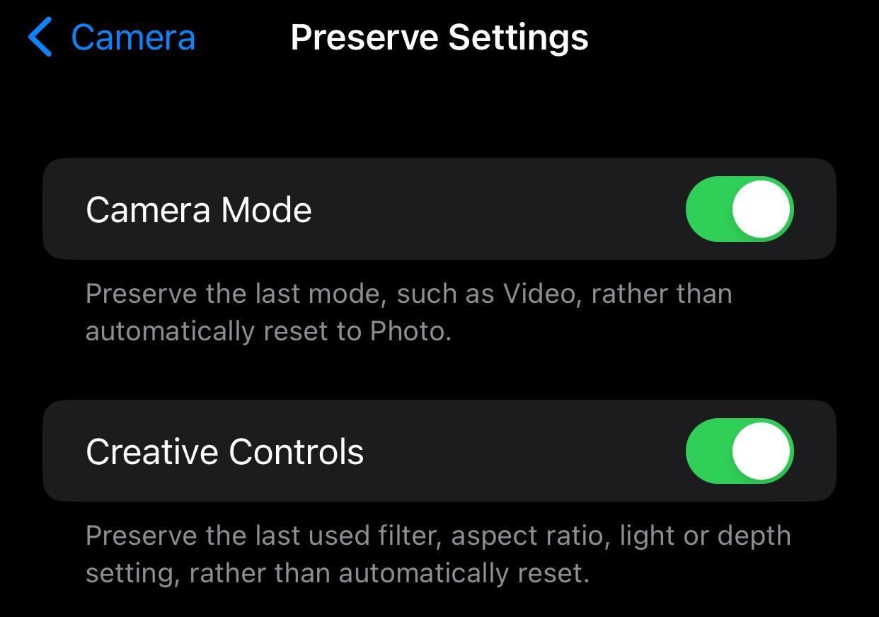 Turning on the Camera Mode and Creative Controls in the iPhone camera settings.