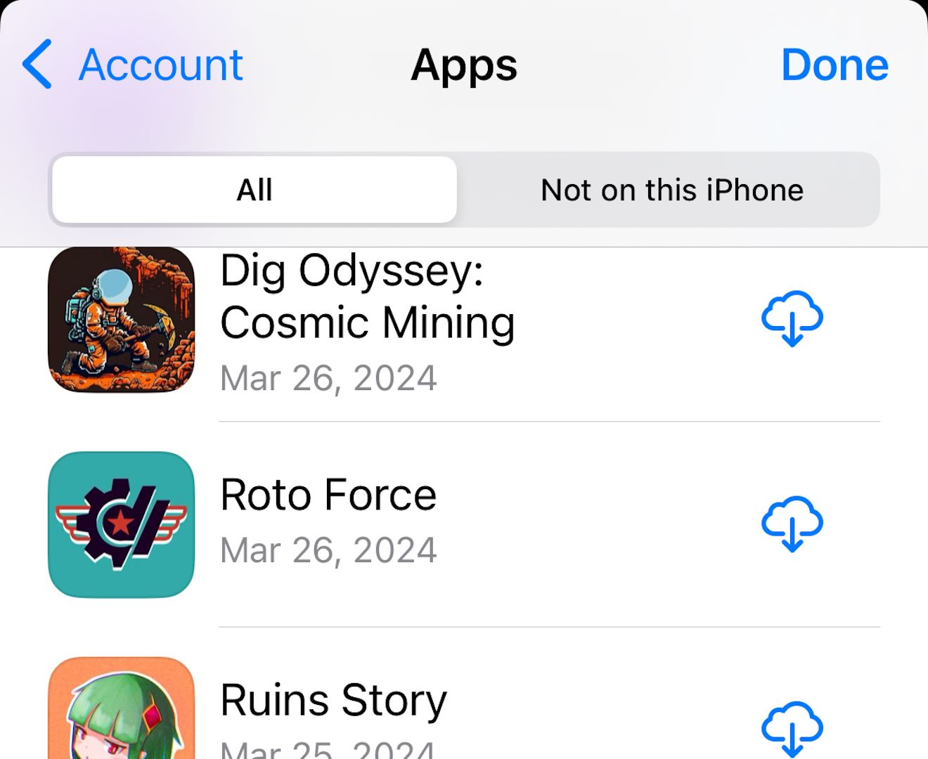 Viewing an account's Apps list in the iOS App Store.