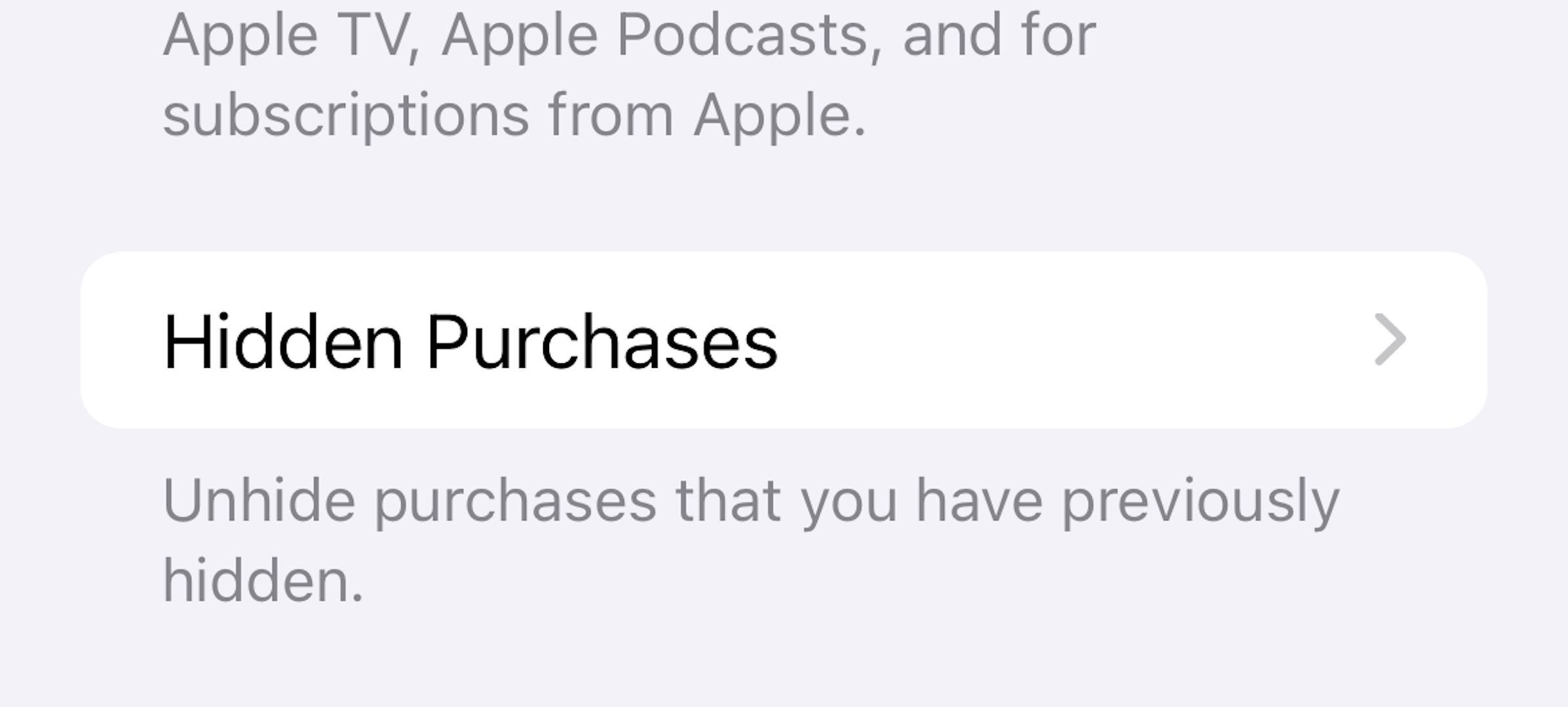 The Hidden Purchases button in App Store account details.