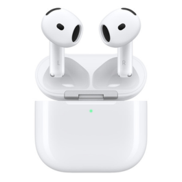 Image of the AirPods 4 and their charging case over a white background.