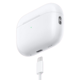 Image of the AirPods Pro 2 with USB-C charging port and a charging cable toward the bottom.