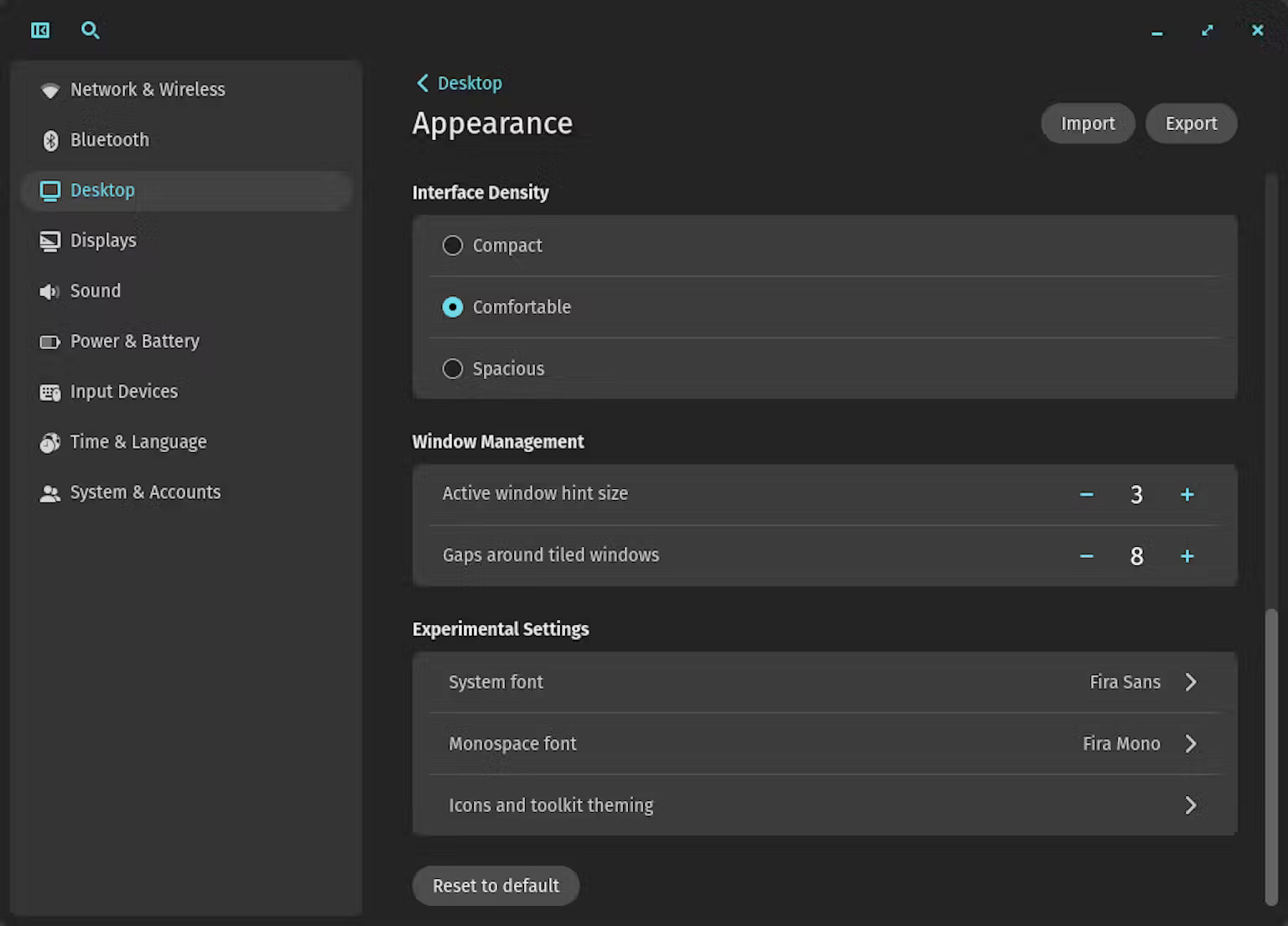 This screenshot shows the new Experimental Settings on the Appearance Settings page that include custom system fonts, monospace fonts, icons, and toolkit theming.