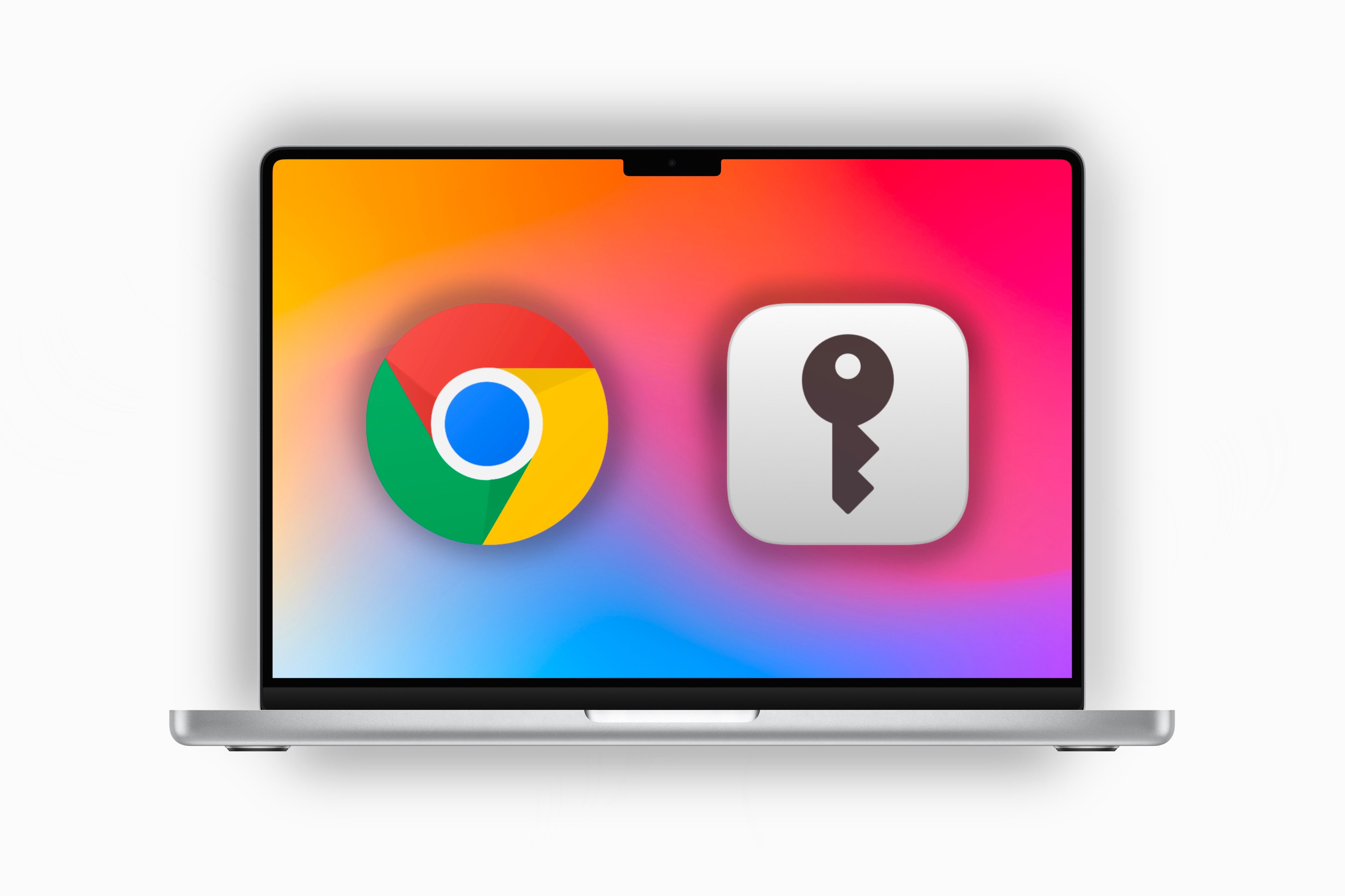 MacBook Pro showcasing a colorful background with Chrome and iCloud Passwords icons.