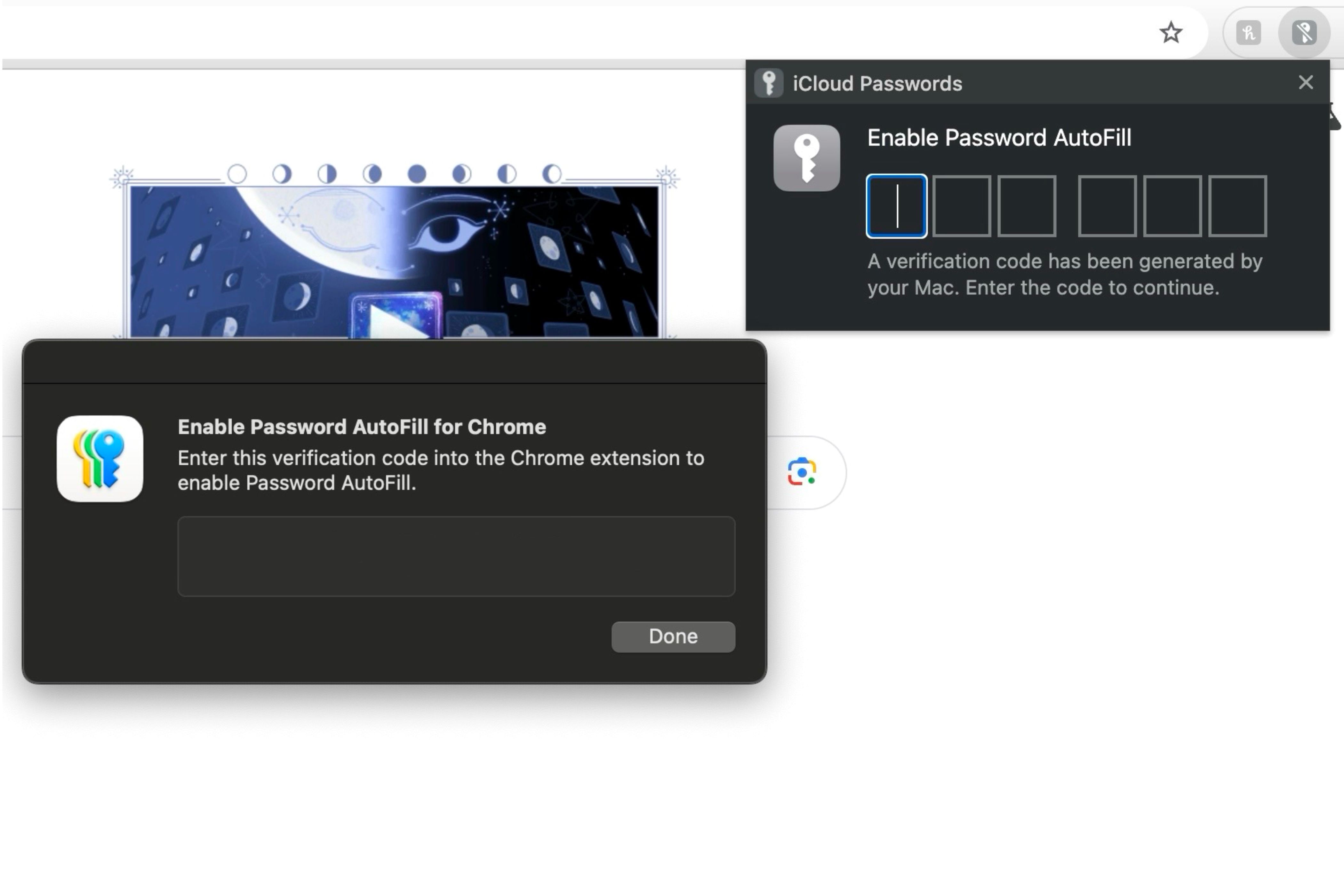 Code being given from Passwords app to access iCloud Passwords in Chrome extension.