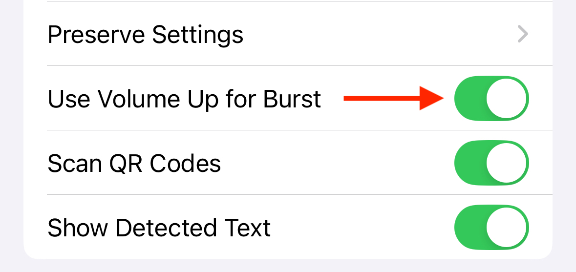 Use Volume for Burst on in Camera settings on iPhone.