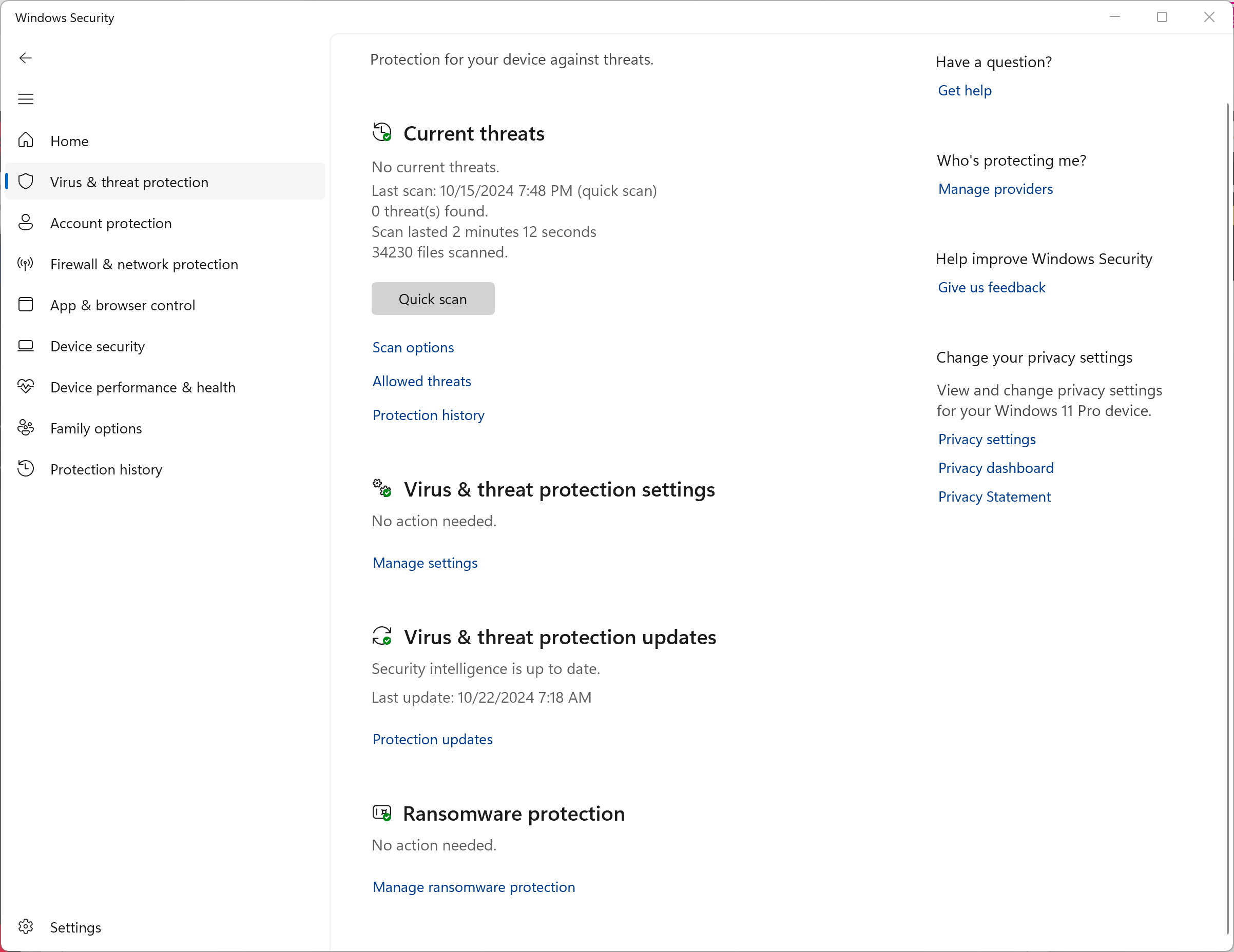 The Virus and Threat Protection section.