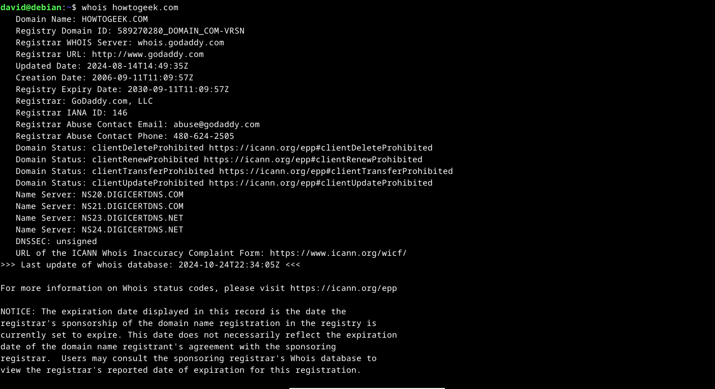 whois command on howtogeek.com run in the Linux terminal.