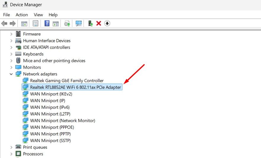 Wi-Fi driver in the Device Manager.