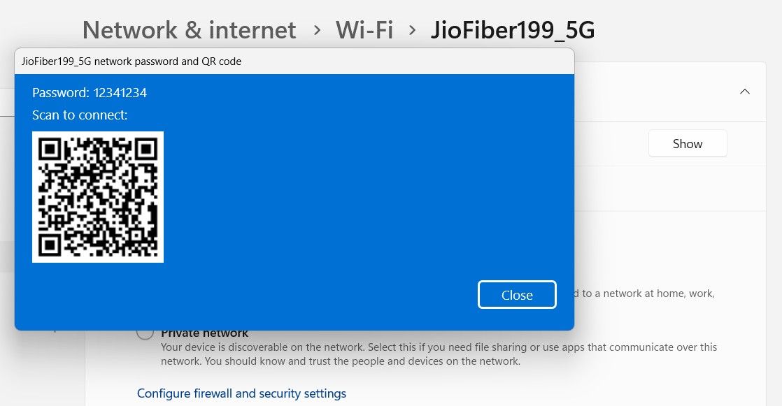 WiFi password and QR code in Windows 11.