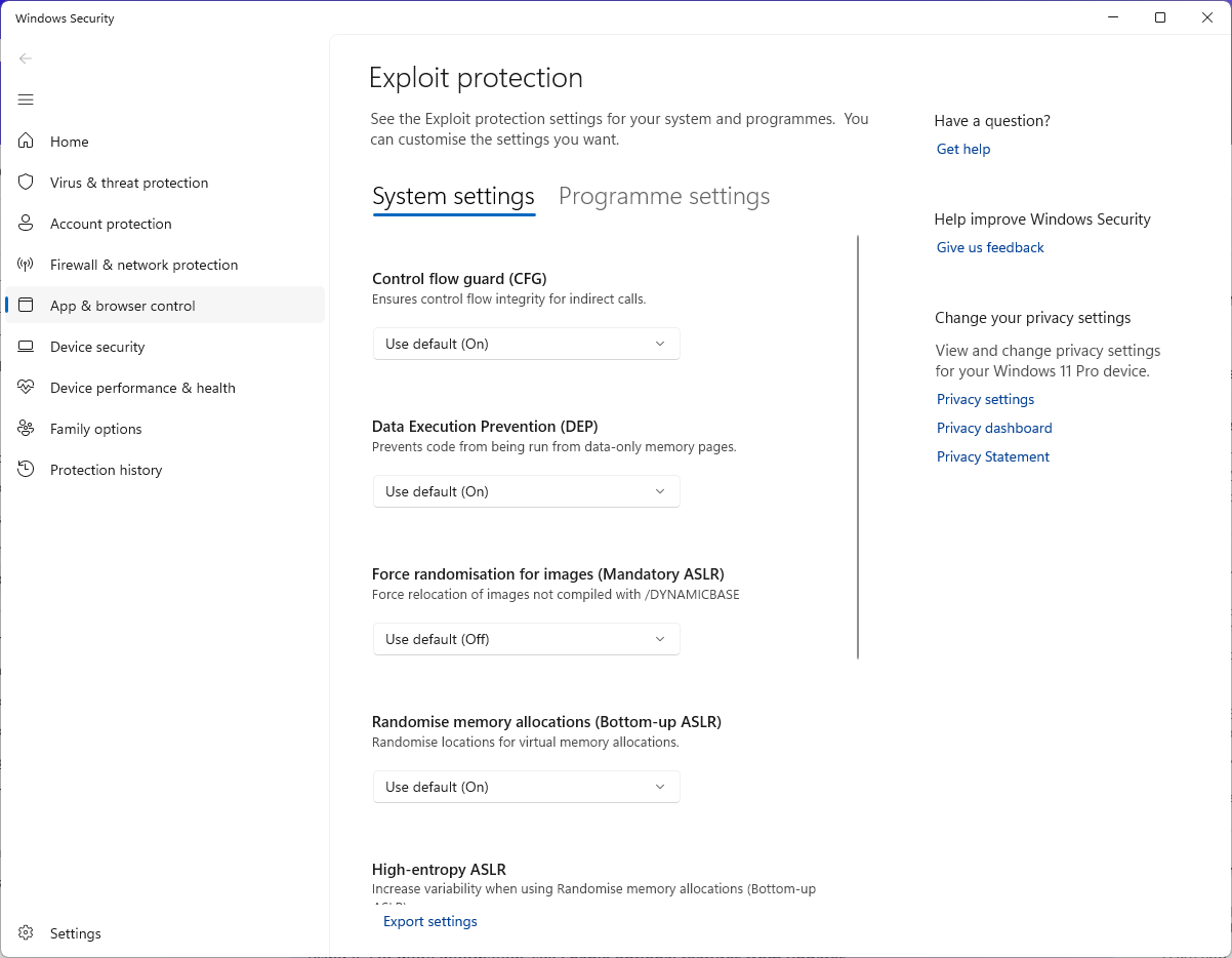 Windows 11 exploit protection window.