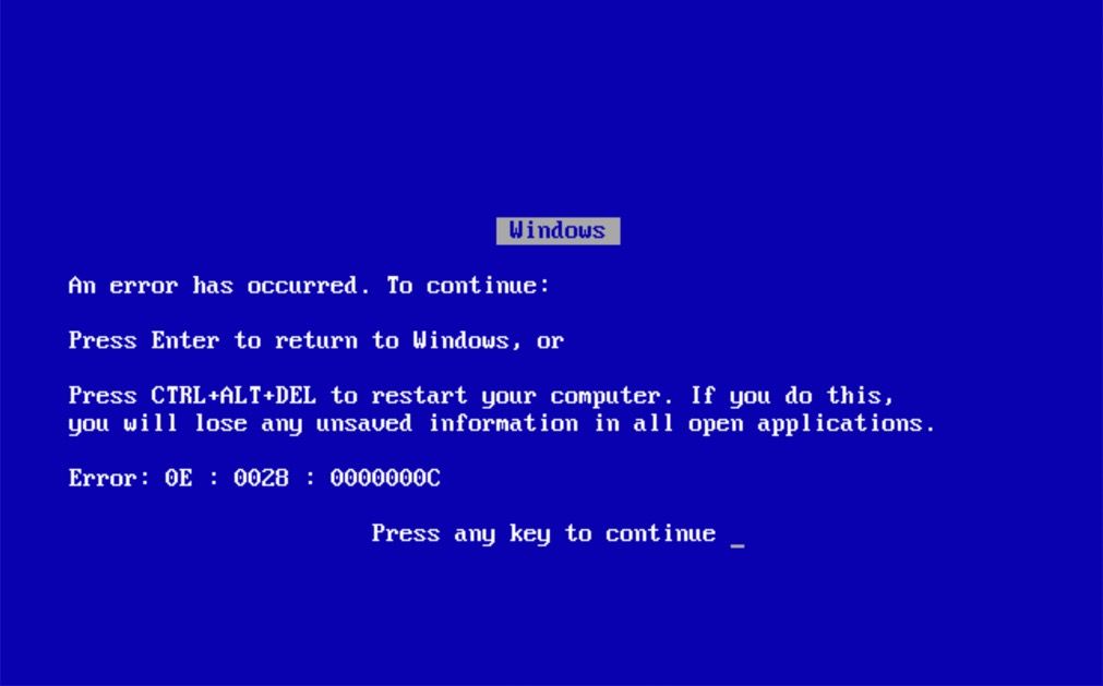 A Windows Me Blue Screen of Death (BSOD) that appeared during testing for this article.