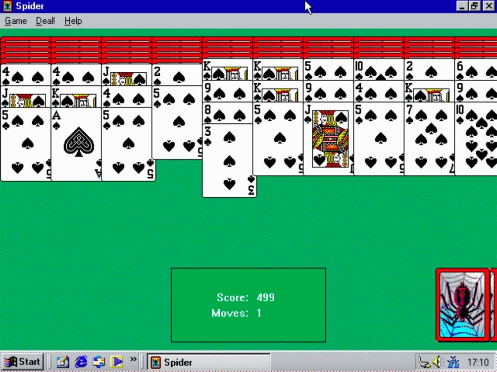 Playing the Spider Solitaire game in Windows Me.