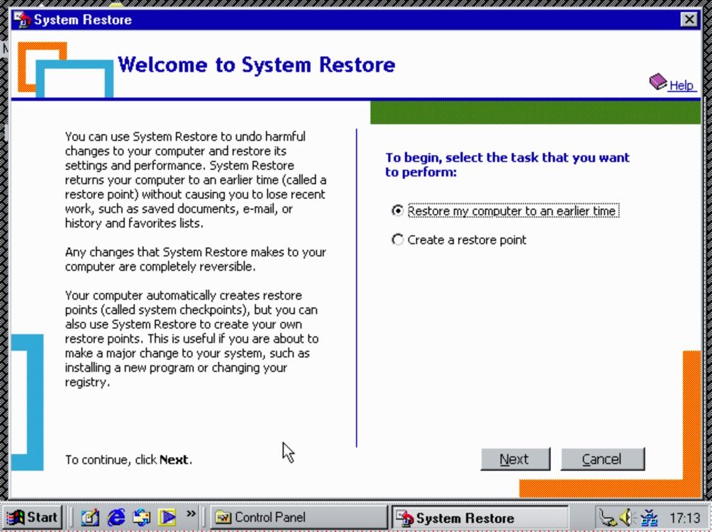 The Windows Me System Restore menu