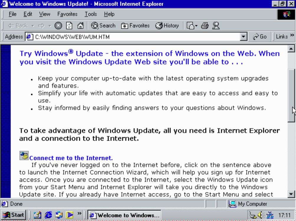 Instructions on how to use Windows Me's update system via Internet Explorer, with steps explaining how to first connect to the internet if you've never used it before.