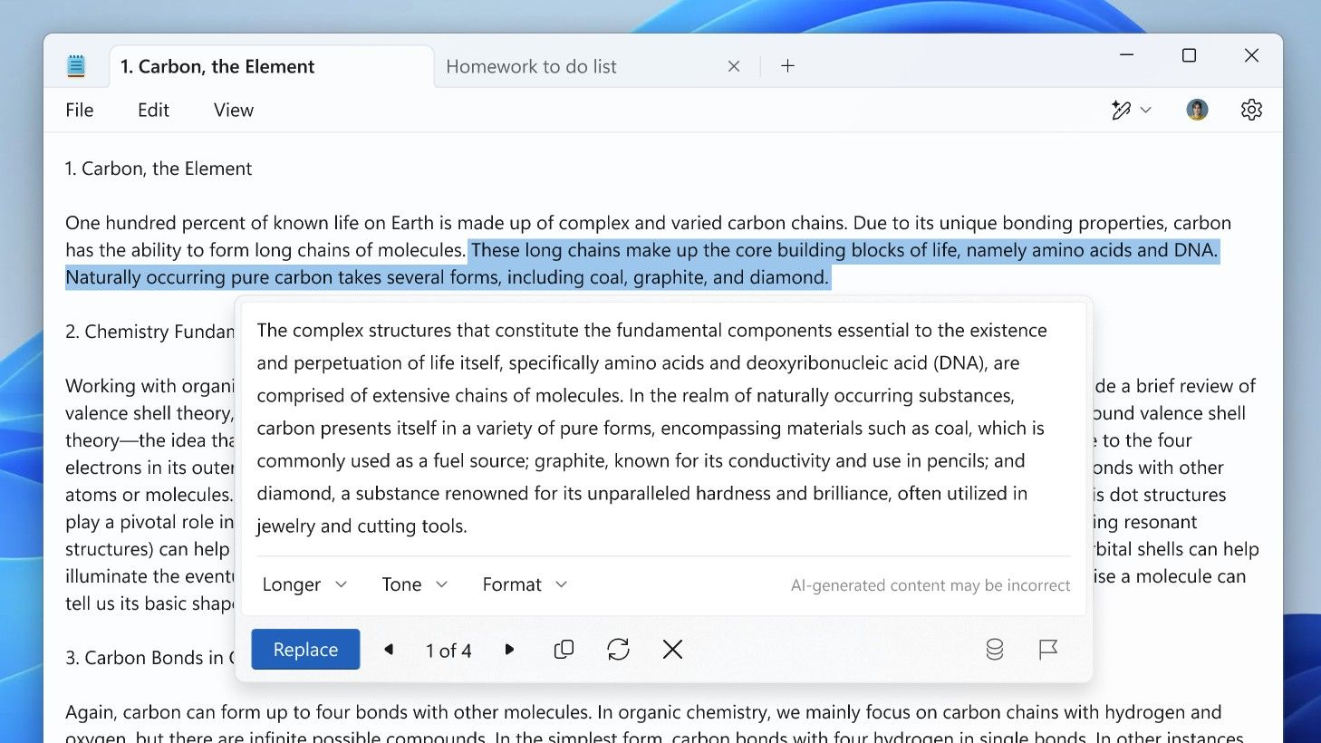 Windows notepad using generative ai to change a sentence talking about how DNA and Amino acids are the core building blocks of life.