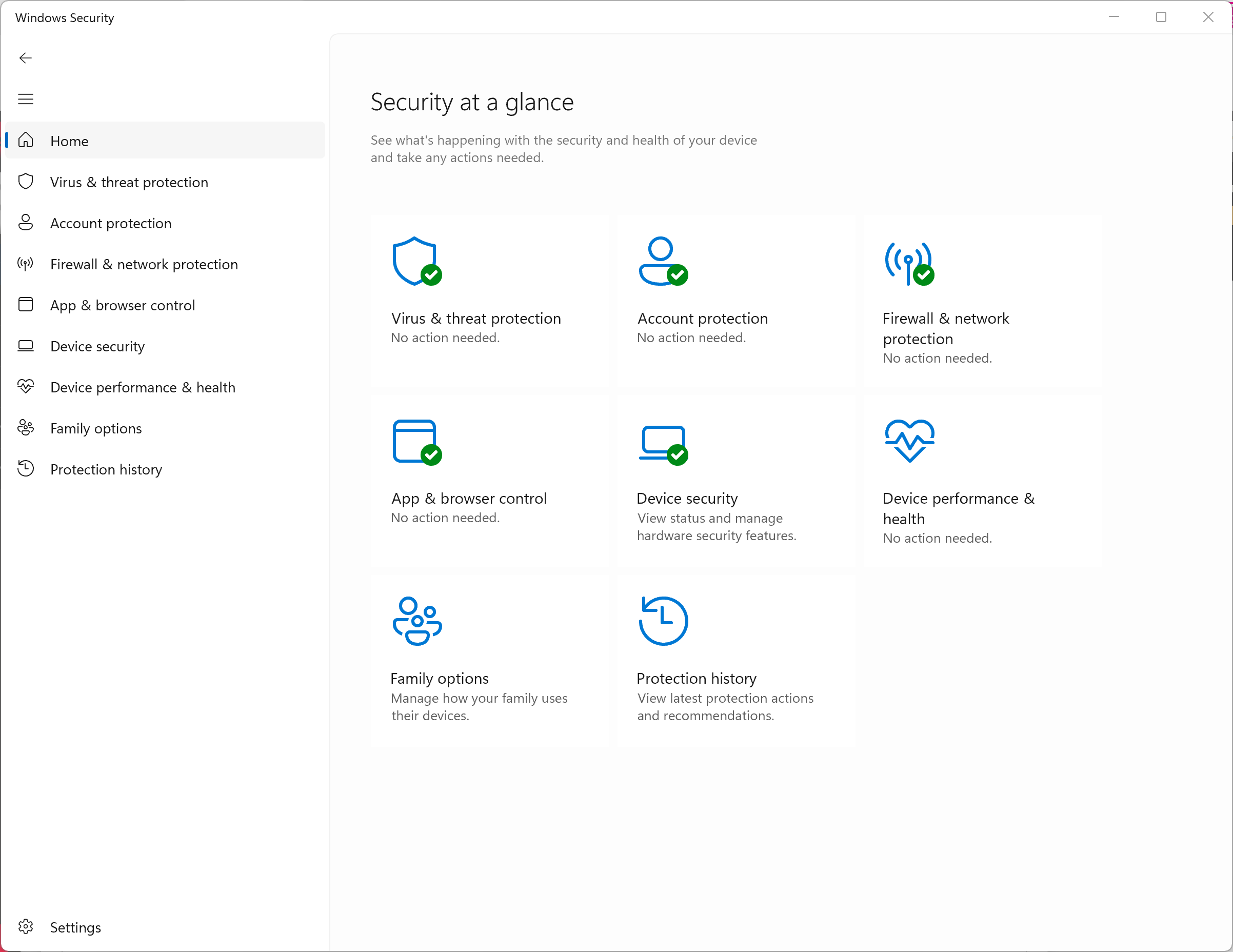 The Windows Security home section with all green checks—a great sign!