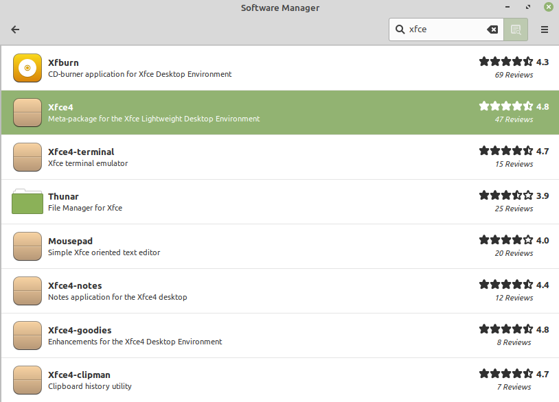 A picture of Xfce in the Mint software manager.