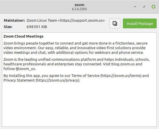 A picture of installing Zoom in Mint