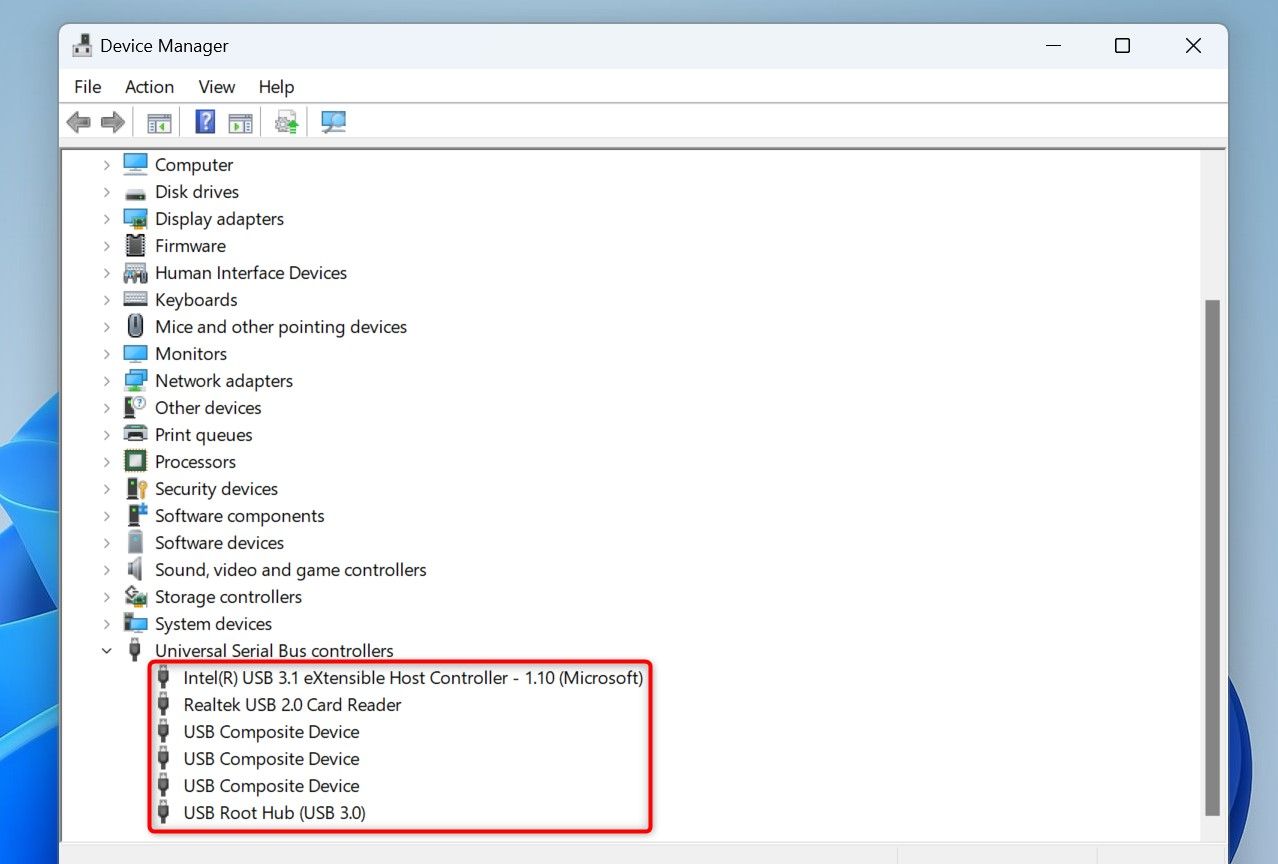 USB ports highlighted in Device Manager.