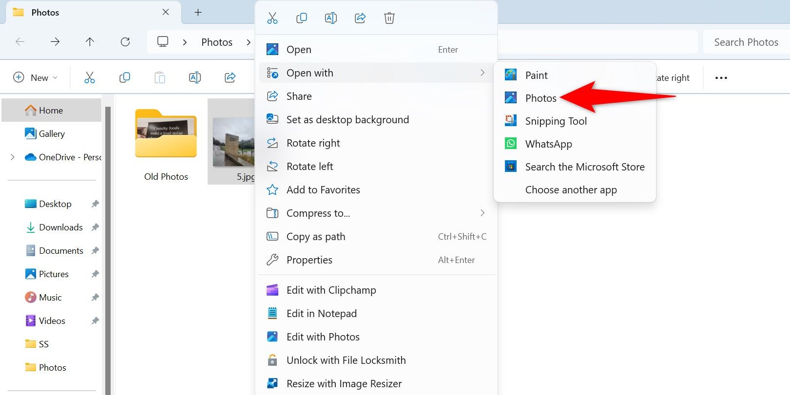 Open With > Photos highlighted for an image.