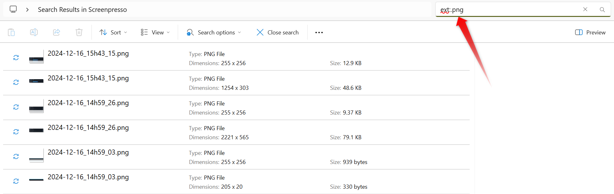 Searching for images in the PNG format in File Explorer.
