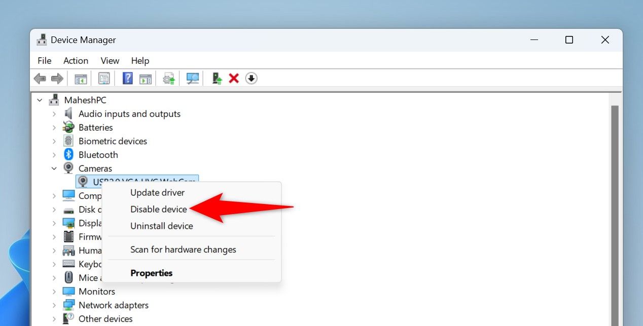 "Disable Device" highlighted for a webcam in Device Manager.