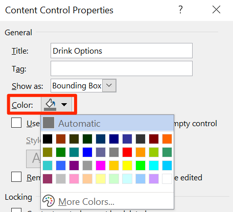 Color on Word's Content Control Properties window.