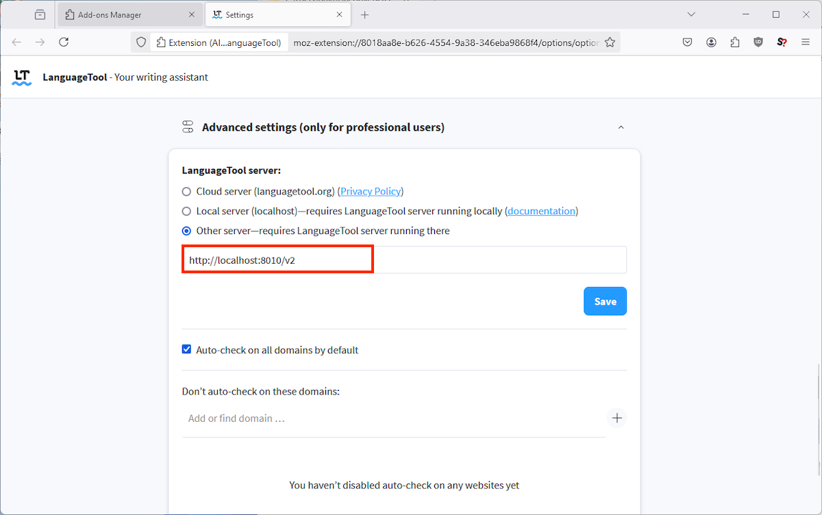 Setting LanguageTool to use your local server.