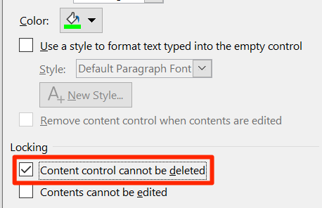 Locking the drop-down list in Word's Content Control Properties window.