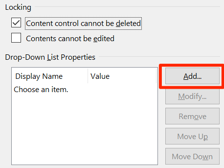 The Add button on Word's Content Control Properties window.