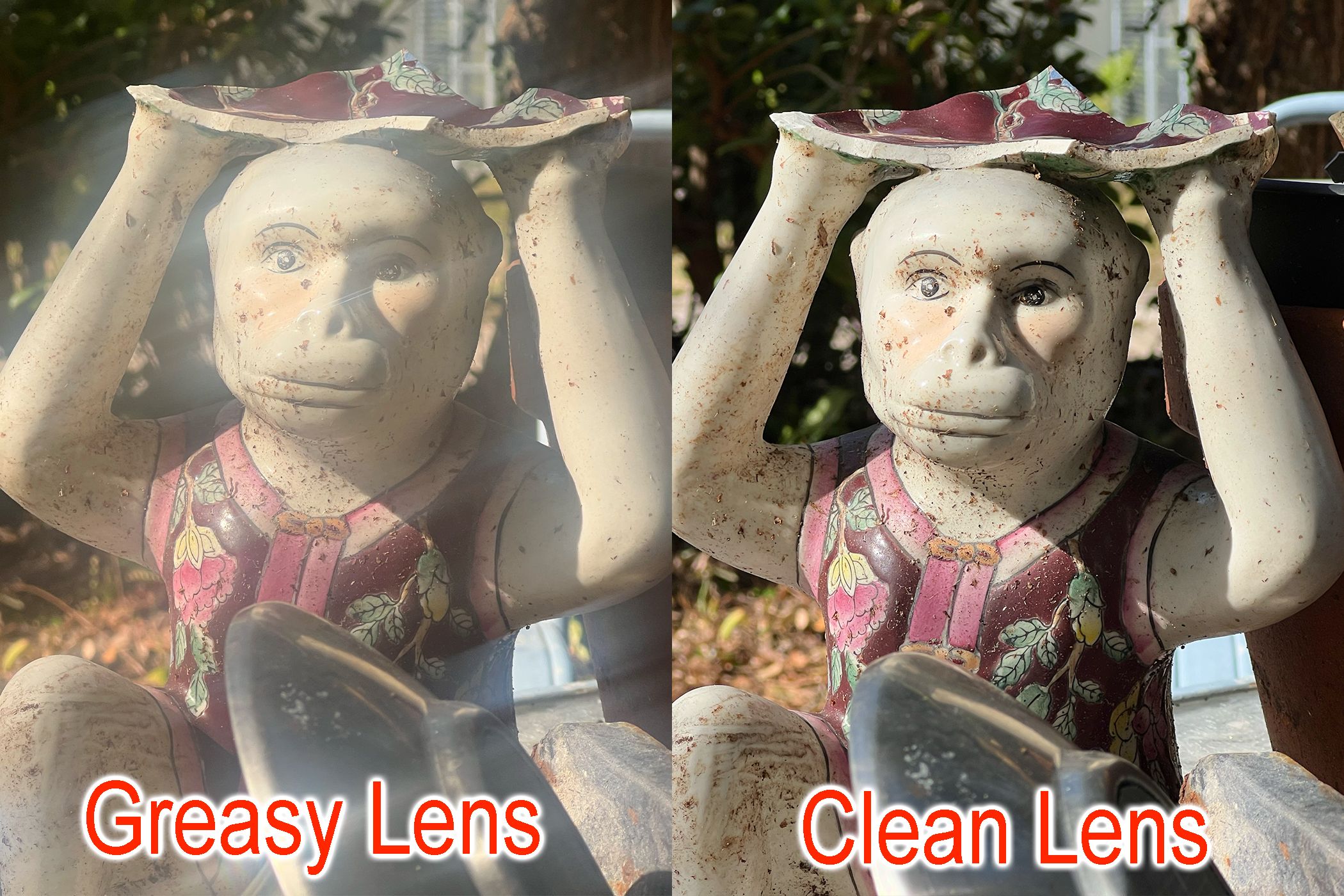 Two photos side by side. One shot with a greasy lens, another with a clean lens.