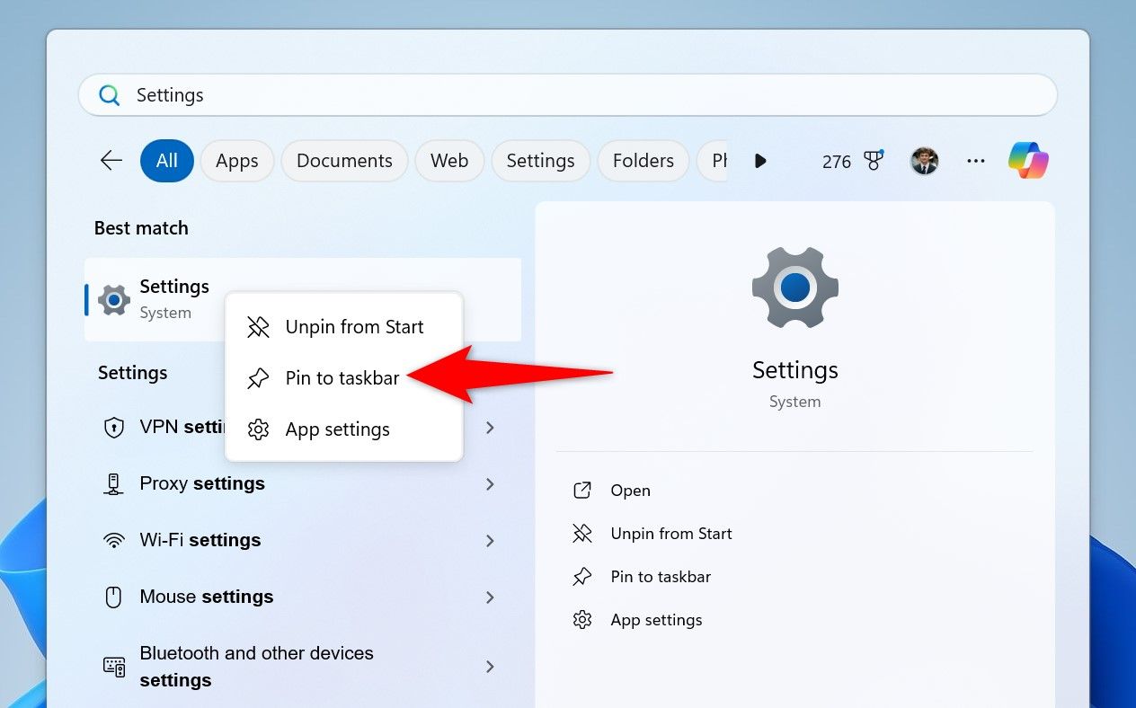 "Pin to Taskbar" highlighted for Settings in Windows Search.