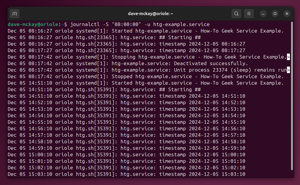 Using the journalctl command to show system log entries relating to a specific service.