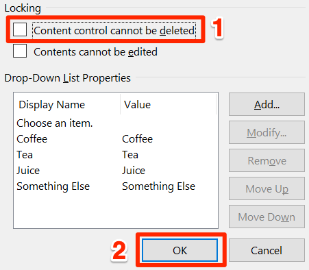Unlocking a drop-down list in Word.