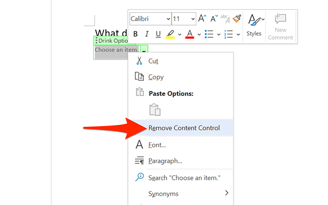 Removing a drop-down list from a Word document.