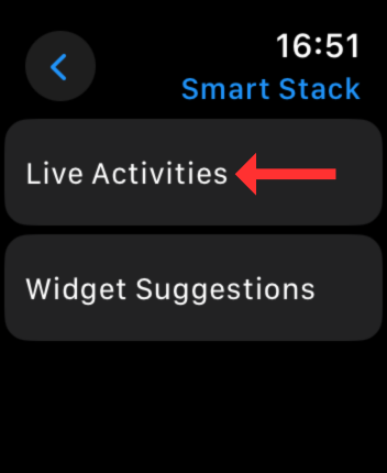 Screenshot of the Smart Stack menu with an arrow next to the Live Activities option.