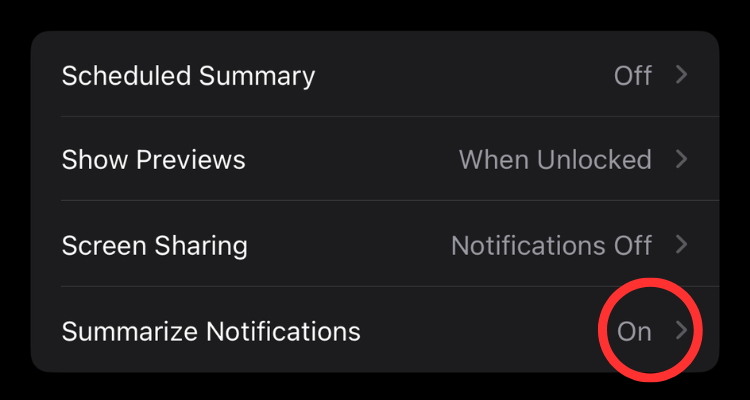 Screenshot of the iPhone's Notifications menu highlighting the Summarize Notifications toggle.