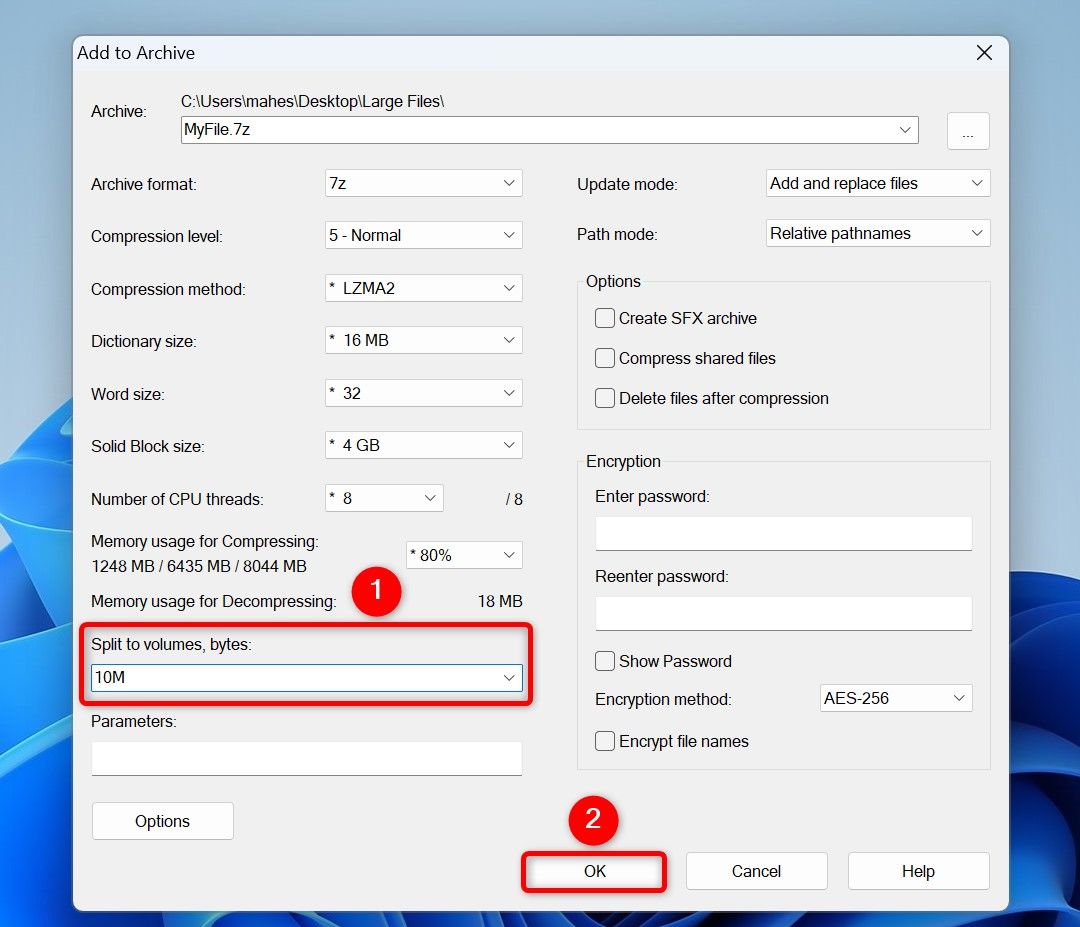 "Split to Volume, Bytes" and "OK" highlighted in 7-Zip.