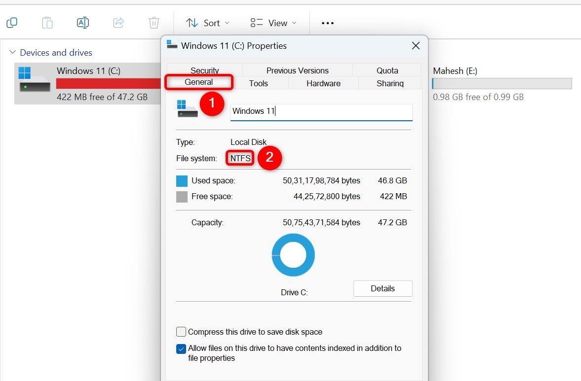 "General" and "NTFS" highlighted on a drive's "Properties" window.