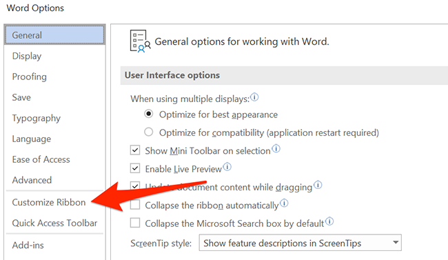 Customize Ribbon in Word's Word Options window.